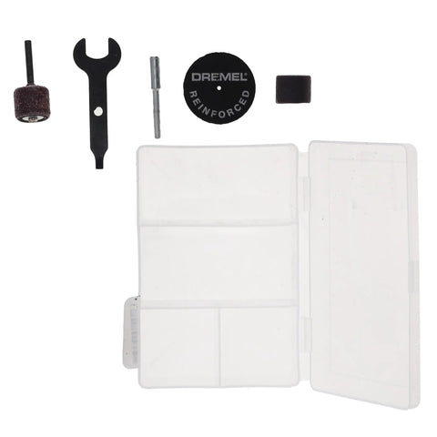 Dremel tool accessories including cutting disc, sanding drum, wrench, and storage case for Certified Renewed 12 Volt Cordless Rotary Tool Kit.