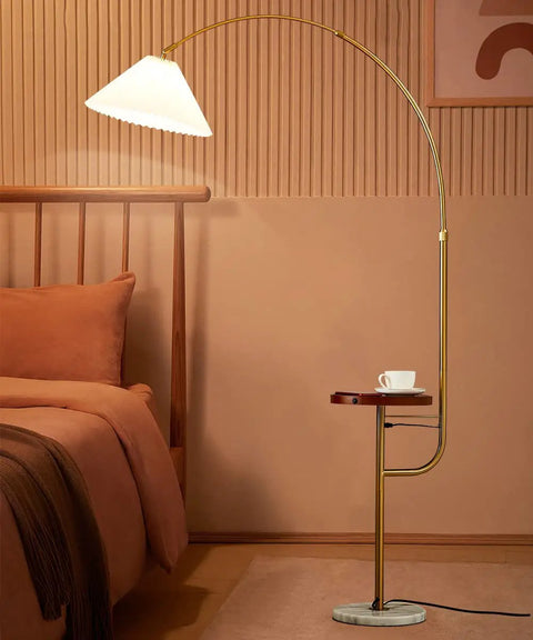 Floor Lamp With Integrated Table Tray And Dual USB Ports Long Arm Reading Light For Bedroom Living Room Or Office Gold Finish