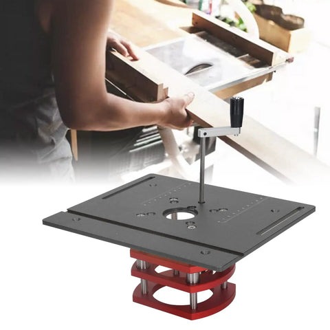 Built Tough Aluminum Router Table Insert Plate With Easy Crank Lift For No Sweat Depth Tweaks Fits Any Trim Router, black and red design.