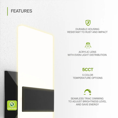Sleek Dope 15W Dimmable LED Wall Sconce Set, 2700K To 5000K Adjustable Color Temp, UL Listed Black Wall Lights, features detail