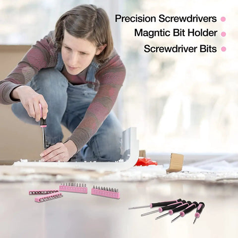 Woman using precision screwdriver from Pink 39 Piece All Purpose Household Tool Kit Set For Women with Compact Toolbox for DIY projects.