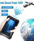 Built Like A Tank Industrial Rugged Tablet With Built In Barcode Scanner Running Windows 11 Pro features GPS, held in hand with satellite in background.