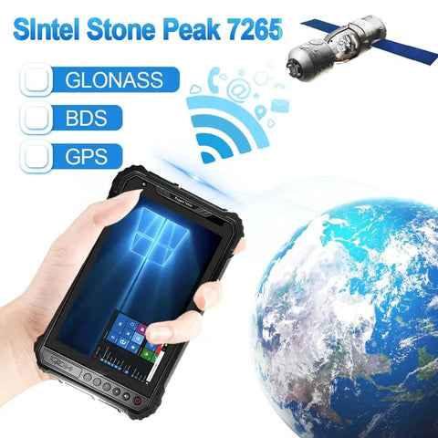 Built Like A Tank Industrial Rugged Tablet With Built In Barcode Scanner Running Windows 11 Pro features GPS, held in hand with satellite in background.