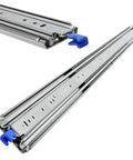 Heavy Duty Drawer Slides With Locking Design Engineered For Rock Solid 300 Pound Full Extension Cabinet Storage and Home Workshop Builds That Glide Like Butter Every Single Time - close-up of blue locking mechanism and polished metal track.