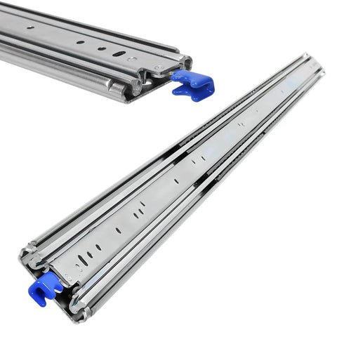 Heavy Duty Drawer Slides With Locking Design Engineered For Rock Solid 300 Pound Full Extension Cabinet Storage and Home Workshop Builds That Glide Like Butter Every Single Time - close-up of blue locking mechanism and polished metal track.