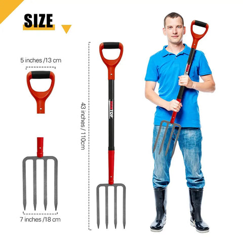 Heavy Duty 4-Tine Garden Spading Fork With 43 Inch Fiberglass Handle, 7x3.5 Inch Head, shown with dimensions next to person