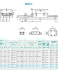 Technical diagram and specifications for 300mm MGN15 Linear Rail Guide with MGN15H Carriage Block for DLP UV 3D Printer and CNC Machine.