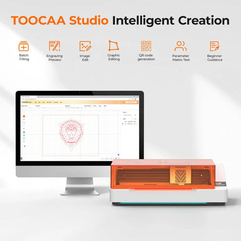 20W AI Smart Laser Engraver With HD Camera Positioning next to computer display showing design interface