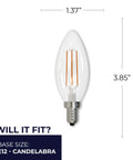 LED Filament Light Bulbs 5W 500 Lumens E12 Candelabra Base Soft White 3000K Dimmable dimensions chart