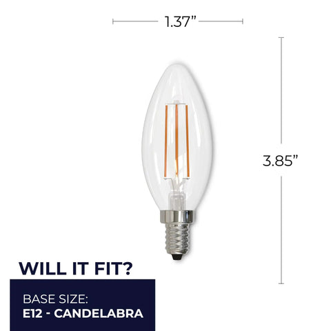 LED Filament Light Bulbs 5W 500 Lumens E12 Candelabra Base Soft White 3000K Dimmable dimensions chart