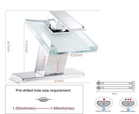 Waterfall Glass Spout LED Temperature Changing Bathroom Faucet With Single Handle Deck Mounted Chrome Finish dimensions
