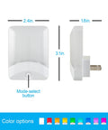 Color Changing LED Night Light With Dusk To Dawn Sensor Plug In Wall Light For Kids Bedroom Chill Vibe Home Decor 8 Color Options Solid Or Color Cycle Modes Perfect For Hallways And Bathrooms 1 Pack, showing front and side views with dimensions.