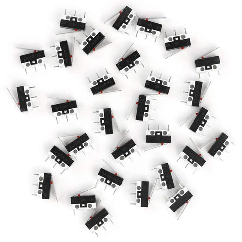 Overhead view of 30 AC 125V 2A Micro SPDT Limit Switches with Long Hinge Lever, 3 Pin Rocker Style for Arduino, compact size
