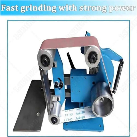 Built Tough Dual Position Bench Belt Sander And Electric Polisher With Smooth Variable Speed Control Up To 5000 RPM And Five Heavy Duty Belts For Quick Sharpening Tasks, showing blue metal construction with sanding belt.