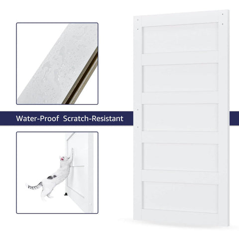 48 Inch By 84 Inch Sliding Barn Door With 8 Foot Hardware Kit And Handle, Pre Drilled Holes For Easy Assembly, Solid Barn Door Slab Covered With Waterproof PVC Surface, White, 5 Panel Farmhouse Style Built To Last And No Brainer To Install.