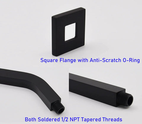 Square Shower Arm With Anti Scratch O Ring Flange and Solid Brass Eight Inch Wall Mount Extension in Matte Black Finish