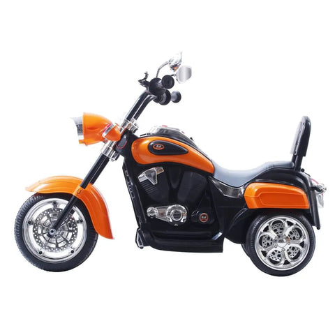 6V Battery Powered Electric Chopper Style Motorcycle Ride On Trike Toy For Kids Ages 3 To 6 Orange With Realistic Design Easy Pedal Drive Safe Beginner Friendly Features, side view