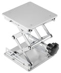 Stainless steel lab scissors jack with 6x6 in square top platform; adjustable height via screw and black hand crank
