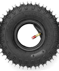 2 Pack 4.10-4 410-4 4.10/3.50-4 Inner Tubes shown inside durable tire for lawn mowers, wheelbarrows, and garden tillers. 24 PSI.