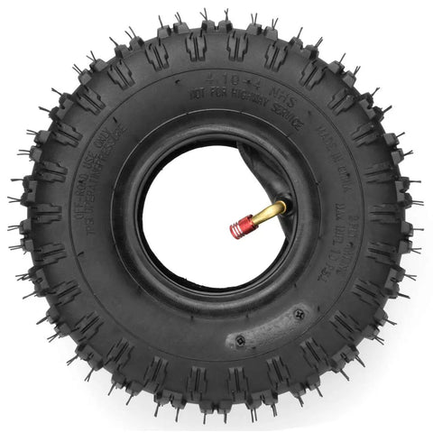 2 Pack 4.10-4 410-4 4.10/3.50-4 Inner Tubes shown inside durable tire for lawn mowers, wheelbarrows, and garden tillers. 24 PSI.
