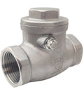 Side view of 1-inch NPT stainless steel swing check valve with female threaded inlet and bonnet.