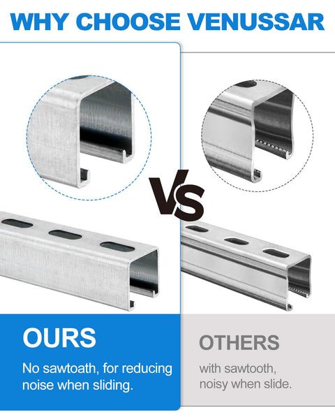 Comparison of strut channels showing smooth edge versus sawtooth edge, highlighting noise reduction benefit of our design.