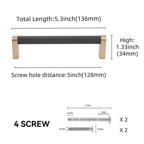 10 Pack 5 Inch Center To Center Black And Champagne Bronze Knurled Cabinet Handles Drawer Pulls with dimensions and screws