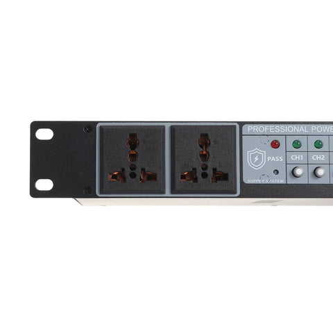 Professional Audio Power Conditioner With Power Sequencer And Voltage Stabilization Ten Dual Access Plugs Smart Breaker Guard, close-up of dual plugs.
