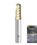 End mill side view: SPEED TIGER, 1/8 in dia, 1/4 in shank, 2 in overhang, solid carbide CNC spiral, single flute