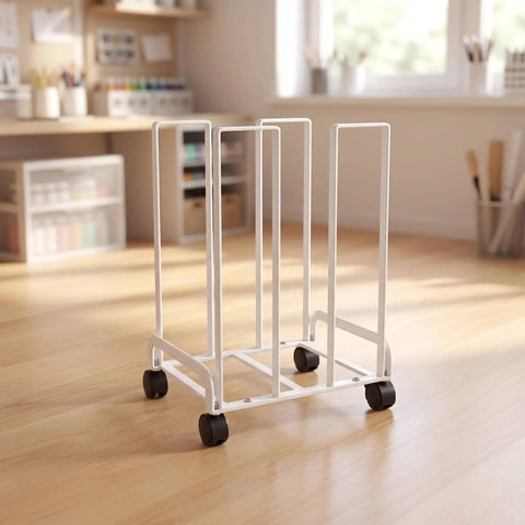 Game Changer Mobile Storage Cart And Roll Right Through Box Holder Rack Built With Slick Gliding Casters in a bright office.