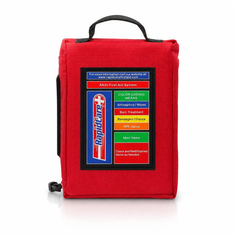 Close-up of red 164 Piece Outdoor Adventure First Aid Kit With Color Coded Supplies For Camping Hiking Road Trips And Car Survival Gear