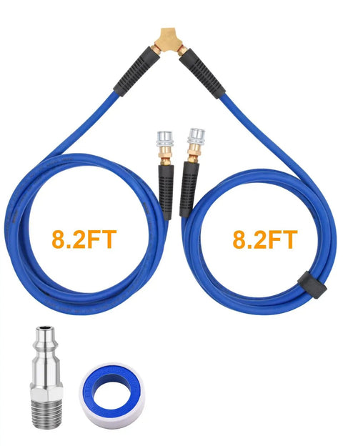 Heavy Duty Dual Tire Inflation Hose Quarter Inch X 8 Foot Hybrid Air Compressor Line With Quick Coupler Fittings 300 Psi features two 8.2FT blue hoses.