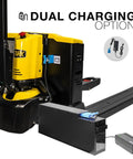 Heavy Duty 3300 Lbs Full Electric Pallet Jack With 7.5 Inch Lift Height And Thick 45 By 27 Inch Forks, showcasing dual charging option, compact design.