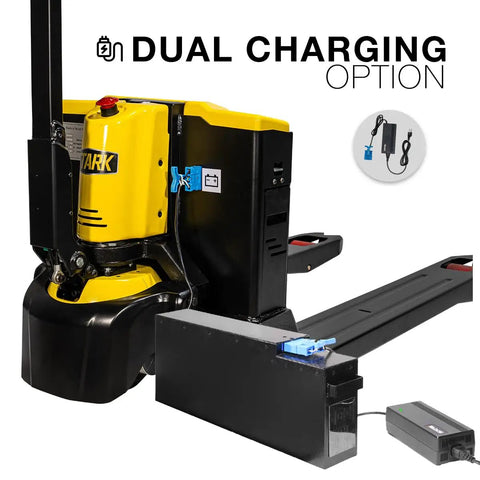 Heavy Duty 3300 Lbs Full Electric Pallet Jack With 7.5 Inch Lift Height And Thick 45 By 27 Inch Forks, showcasing dual charging option, compact design.