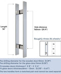 36 Inch Barn Door Push Pull Handle Heavy Duty Grade 304 Stainless Steel Brushed Finish Square Commercial Door Pull Set For Wood Or Glass Doors Office Front Entrance Durable Corrosion Resistant shown in front view with dimensions and installation details.