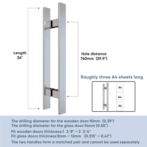 36 Inch Barn Door Push Pull Handle Heavy Duty Grade 304 Stainless Steel Brushed Finish Square Commercial Door Pull Set For Wood Or Glass Doors Office Front Entrance Durable Corrosion Resistant shown in front view with dimensions and installation details.