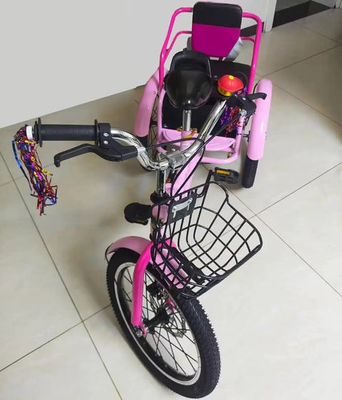 Foldable Three Wheel Tricycle Cruiser With Back Seat, Front Disc Brake And Dual Brakes, Pneumatic Spoke Wheels, Pink Design