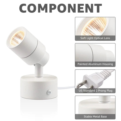 Two Pack LED Indoor Up Lights 3W Spotlight With 3000K Warm White Glow, optical lens, aluminum housing, plug, metal base displayed