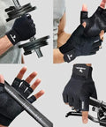 Ultimate Boss Level Workout Gloves For Men And Women Featuring Supercharged Killer Grip Technology For Intense Weightlifting Cycling And Gym Training Sessions With Breathable Padded Design To Stop Calluses Dead While Crushing It In Black And Large Fit - close-up of padded gloves gripping weights.