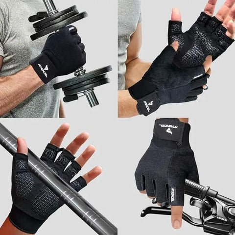 Ultimate Boss Level Workout Gloves For Men And Women Featuring Supercharged Killer Grip Technology For Intense Weightlifting Cycling And Gym Training Sessions With Breathable Padded Design To Stop Calluses Dead While Crushing It In Black And Large Fit - close-up of padded gloves gripping weights.