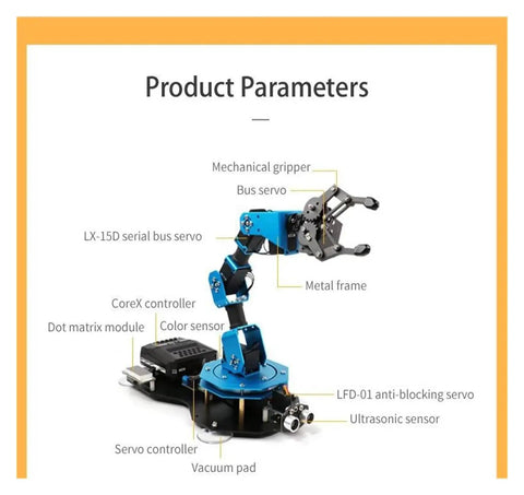Six DOF Aluminum Robotic Arm Kit With Serial Bus Servo For Scratch And Python Education For Gearheads Inverse Kinematics Multiple Control Methods Self Learning Drawing And Imitation For Creative Coding Projects, metal frame
