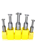 Five tungsten steel alloy milling cutters in yellow holders; T-slot groove bits for aluminum, copper and wood.