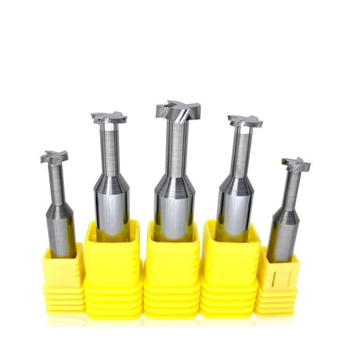 Five tungsten steel alloy milling cutters in yellow holders; T-slot groove bits for aluminum, copper and wood.