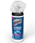 Endust screen and surface cleaning wipes for electronics, LCD and plasma displays, 70 count, open canister with cloth visible.