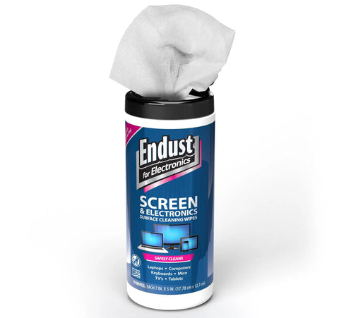 Endust screen and surface cleaning wipes for electronics, LCD and plasma displays, 70 count, open canister with cloth visible.