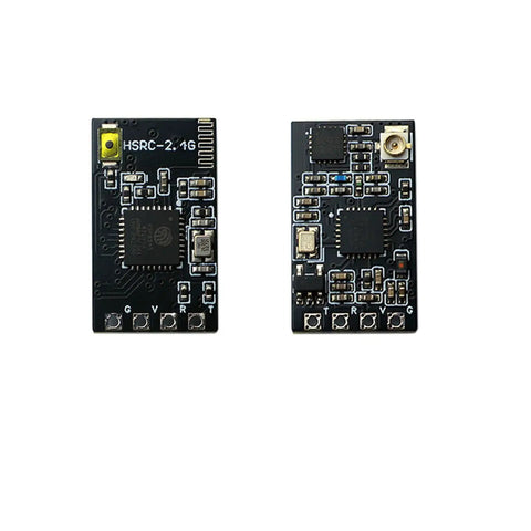 Front and back view of a Nano 2.4GHz FPV Receiver with 40mm UFL T antenna for long range low latency ExpressLRS module.