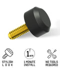 Antenna Delete Cap For Ford F Series Trucks And Bronco showing black cap with gold thread, minimalist design, quick install.