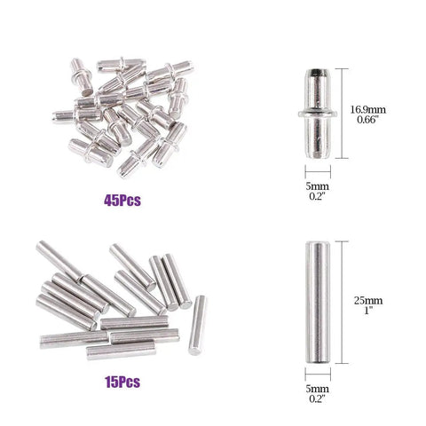 120 Piece Nickel Plated Shelf Pins Kit With Four Styles For Five Millimeter And Six Millimeter Shelf Holes Fits Cabinets And Entertainment Centers Built To Last Durable Cabinet Hardware For Solid DIY Ready Shelf Support, showing nickel plated dowel and cylindrical pins with dimensions of 5mm and 15pcs and 45pcs respectively