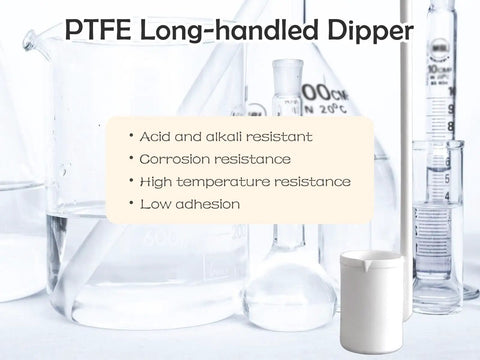 Pro Grade PTFE Lab Dipper, 250 mL Capacity, 15.7 Inch Overall Length, Reinforced Rim and Spout, Steel Core PTFE Handle, Perfect for Sampling Viscous Liquids and Semi solids, Handles Wide Temperature Ranges, white PTFE dipper