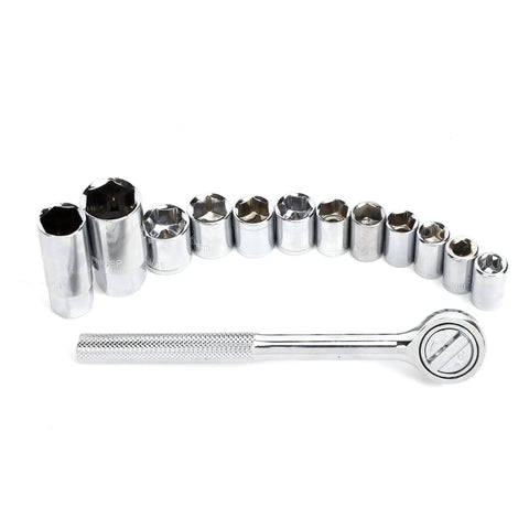 Auto And Motorcycle 51 Piece Tool Kit Set With Wrench Reversible Ratchet Spark Plug Sockets SAE And Metric 6 Point Sockets displayed.